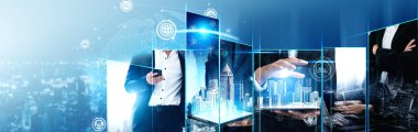 İletişim teknolojisi, akıllı bağlantı IOT ve insan ağ teknolojisi kavramı. Güvenli internet ağına ve bulut hesaplama sunucusuna bağlanmak için bağlantı aygıtı kullanan insanlar vexel