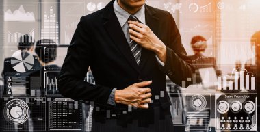 İş Mali Analitik Konsepti için Büyük Veri Teknolojisi. Modern arayüz ekranda iş satış raporları, kâr tablosu ve borsa eğilimleri analizleri hakkında muazzam bilgiler gösteriyor. uds