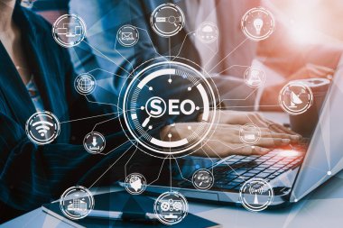 SEO - Çevrimiçi Pazarlama Konsepti için Arama Motoru Optimizasyonu. Müşteri arama ve pazar stratejisini optimize ederek anahtar kelime araştırma web sitesinin tanıtımını gösteren modern arayüz. uds