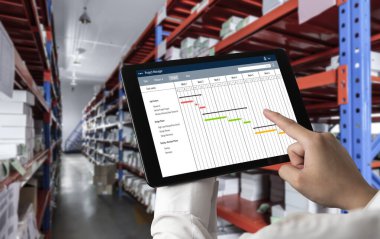 Ekip projesinin zaman çizelgesini gösteren bilgisayar ekranında, modern iş projesi yönetimi için proje planlama yazılımı