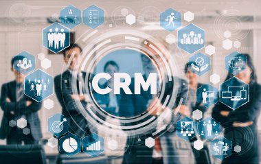 İş satış pazarlama sistemi konsepti için CRM Müşteri İlişkileri Yönetimi CRM veritabanı analizini desteklemek için hizmet uygulamasının fütüristik grafik arayüzünde sunulmuştur. uds