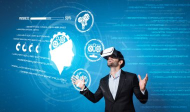 Kafkasyalı iş adamı metaevrene girmek için VR kulaklığı kullanarak finansal verileri analiz ediyor. Yetenekli proje yöneticisi kodlama mühendisliği komut ya da programlama sistemi ve pazarlama stratejisi planlama. Sapma.