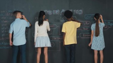 Çeşitli çocuklar kara tahta kullanarak program kodlamayı planlıyor. BTMM dersinde programlama sistemini öğrenirken karışık ırk yazarlığı ya da yaratıcı fikir üreten insanlar. Öğretim