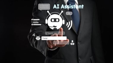 Yapay zeka sanal asistanı Chatbot ile yapay zeka konsepti ile insan etkileşimi, yapay zeka mühendisliği, LLM yapay zeka derin öğrenimi iş desteği için üretken yapay zeka kullanımı. FaaS
