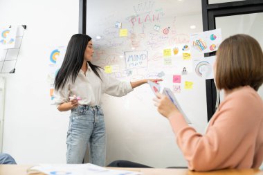 Kafkasyalı genç bir yönetici, iş sorularını güvenle cevaplarken zihin haritası, grafik kullanarak pazarlama stratejisi sunuyor. Takım çalışması, beyin fırtınası, tartışma konsepti. Tertemiz..