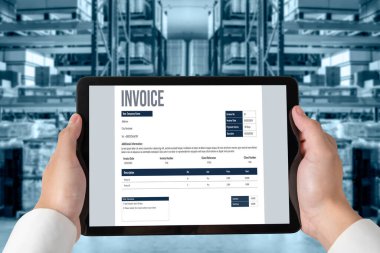 Muhasebe uygulamasından gelen fatura bilgisayar ekranında. Şirket işlerinin finans ve bütçesi için bilgisayar programı. Rahatça..