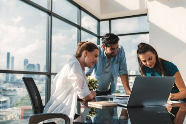 Bir grup iş adamı dizüstü bilgisayara işaret ederek fikir sergiledi. İşletme takımının portresi dizüstü bilgisayarın sunduğu pazarlama stratejisini gösteriyor. İzleme.