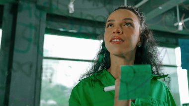 Genç İspanyol çalışanlar renkli yapışkan notlar yazıyorlar. Akıllı iş kadını pazarlama fikrini, beyin fırtınası stratejisini, iş planını paylaşıyor. Proje yöneticisi zihin haritası çiziyor. - Yakın çekim. Yönlendirici.