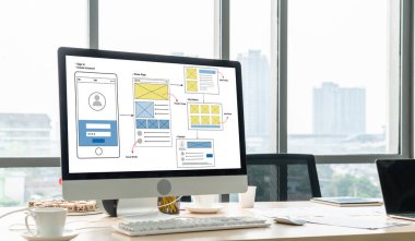 Model mobil uygulama ve web sitesi için UX UI tasarım süreci. Profesyonel uygulama geliştiricisi için kablo grafiğinin yaratıcı prototipi .