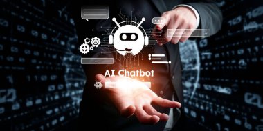 Yapay zeka sanal asistanı Chatbot ile yapay zeka konsepti ile insan etkileşimi, yapay zeka mühendisliği, LLM yapay zeka derin öğrenimi iş desteği için üretken yapay zeka kullanımı. FaaS