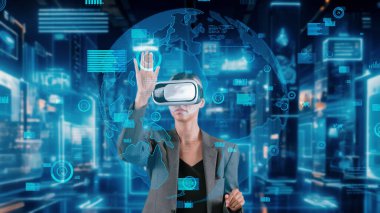 Şifre dinamik piyasa verilerinde logaritma arayan kadın gelecekteki küresel yenilik arayüzü dijital bilgi ağı teknolojisi sanal hologram sunucusunun VR tarafından dünya analizi kayıyor. Kısıtlanma.