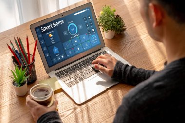 Smart home technology, centric remote control system with digital dashboard for air conditioning, safety security network or house automation. App software, ui panel programming IOT monitor snugly