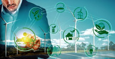 Rüzgar türbini çiftliği ve yeşil yenilenebilir enerji işçisi arayüzü üzerinde çalışan iş adamlarının çifte görüntüsü. Alternatif enerji ile sürdürülebilirlik gelişimi kavramı. uds