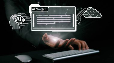 Yapay zeka sanal asistanı Chatbot ile yapay zeka konsepti ile insan etkileşimi, yapay zeka mühendisliği, LLM yapay zeka derin öğrenimi iş desteği için üretken yapay zeka kullanımı. Kullanıcı Kimliği