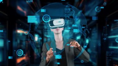 İş kadını kullanıcı, VR 'nin gelecekteki küresel yenilik arayüzü dijital bilgi ağı teknolojisi görsel hologram animasyonu ile büyük veri dinamik dünya grafik monitörüyle yakınlaştırıyor. Kısıtlanma.