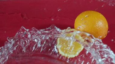 Taze portakal ve portakal dilimli, ayrı kırmızı arka planda. Makrografi portakal dilimlenmiş su dökülüyor, sıçratılıyor ve dökülüyor. Tazelik ve narenciye. Pabulum.