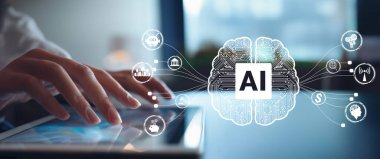 Yapay zeka mühendisliği, büyük veri ve yapay zeka makinesi kavramında yapay zeka beyin işlemcisiyle iş desteği için üretken yapay zeka kullanmayı öğrenen insan etkileşimi. EIDE