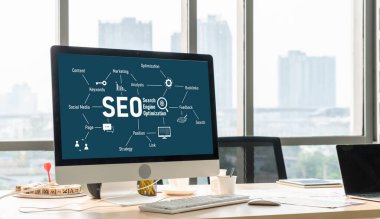 Model e-ticaret için SEO arama motoru optimizasyonu ve bilgisayar ekranında gösterilen çevrimiçi perakende işi