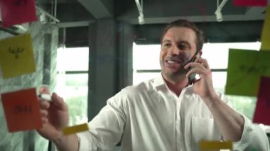 Profesyonel işadamı renkli yapışkan notlara yazılmış pazarlama stratejisi fikrine bakarken müşterilerine telefon ediyor. Proje yöneticisi duvardaki telefon analiz verileriyle konuşuyor. Yönlendirici.
