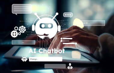 Yapay zeka sanal asistanı Chatbot ile yapay zeka konsepti ile insan etkileşimi, yapay zeka mühendisliği, LLM yapay zeka derin öğrenimi iş desteği için üretken yapay zeka kullanımı. EIDE