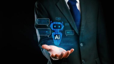 Yapay zeka sanal asistanı Chatbot ile yapay zeka konsepti ile insan etkileşimi, yapay zeka mühendisliği, LLM yapay zeka derin öğrenimi iş desteği için üretken yapay zeka kullanımı. Kullanıcı Kimliği