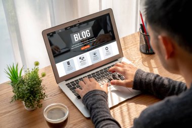 blogging concept, web blog Social Media Information network snugly. social media online content, freelance worker, working online, content creator, blogger, website, reading blog online on computer