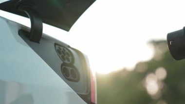 Otomobil yolculuğu sırasında doğal ormanlarda ya da güneş ışığı alan ulusal parklarda elektrikli araba için şarj olan yakın el pili. Tatil ve tatil boyunca çevre dostu seyahat. Yükselt