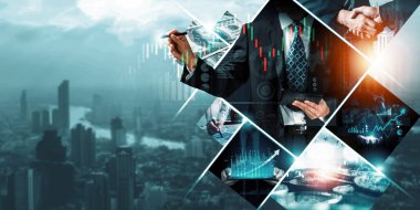 Gelecekteki büyük veri analitik ve iş zekası araştırmaları için gelecekteki iş dünyası dijital veri teknolojisi kavramı iş adamı analistleri için panoramik afişler yaparak yatırım yapıyor.