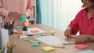 Başlangıç çalışanı ekibinin yavaş çekimde stratejik pazarlama planı üzerinde kafa yorması ve toplantı odasındaki ofis masasına renkli yapışkan notlarla zihin haritası çıkarması. Değiştirilmiş