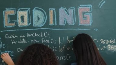 Akıllı öğrenci kodlama mühendisliği komut yazarken geçmişe dönüp kara tahtada yapay zeka programlama sistemi kodu oluşturmuş. Mutlu çeşitli çocuklar web sitesi geliştirme planı için birlikte çalışıyorlar. Pedagoji.