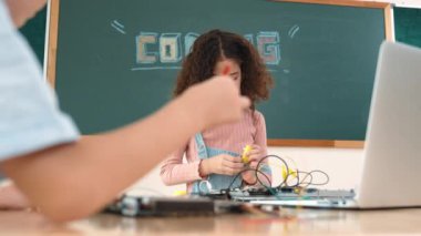 Kız tornavida kullanarak elektronik tahtayı tamir ederken ayakta duruyor. Amerikalı öğrenci ve beyaz çocuk elektrik sistemini denetlemek için birlikte çalışıyorlar. Gemide çalışan meraklı çocuklar. Pedagoji.