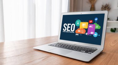 Model e-ticaret için SEO arama motoru optimizasyonu ve bilgisayar ekranında gösterilen çevrimiçi perakende işi