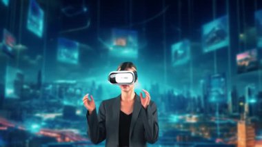 VR 'ı açmaya başlayan kadın büyük finansal iş grafiği büyük verileri analiz etti, arayüzü yükledi dijital bilgi ağı teknolojisi animasyonu ön görüntüde meta programında. Kısıtlanma.