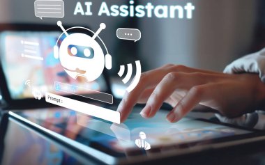 Yapay zeka sanal asistanı Chatbot ile yapay zeka konsepti ile insan etkileşimi, yapay zeka mühendisliği, LLM yapay zeka derin öğrenimi iş desteği için üretken yapay zeka kullanımı. EIDE