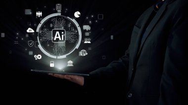 Yapay zeka mühendisliği, büyük veri ve yapay zeka makinesi kavramında yapay zeka beyin işlemcisiyle iş desteği için üretken yapay zeka kullanmayı öğrenen insan etkileşimi. Kullanıcı Kimliği