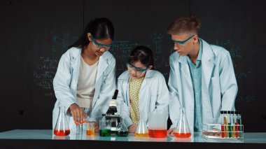 Zeki kız deney yapmak için heyecanlanan çeşitli öğrenciler iken beher kabına renkli solüsyon döker. Profesyonel bilim adamı kimyasal teoriyle kara tahtada deney yapmaya hazırlanıyor. Öğretim.