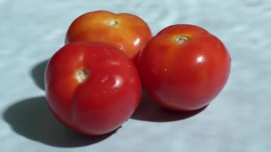 Taze domatesleri yeşil yapraklı mavi desenli arka planda kapatın. Sulu kırmızı domateslerin makrografisi. Doğal ışık stüdyo fotoğrafçılığı. Sağlıklı beslenme ve yeme konsepti. Pabulum.