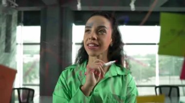 Zeki profesyonel İspanyol iş kadını renkli yapışkan notlarla cam tahtaya pazarlama fikirleri yazıyor. Genç çekici yönetici, analiz iş planının zihin haritasını çiziyor. - Yakın çekim. Yönlendirici.