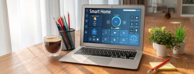 Smart home technology, centric remote control system with digital dashboard for air conditioning, safety security network or house automation. App software, ui panel programming IOT monitor snugly