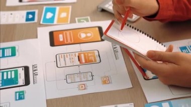 Mobil uygulama ya da web sitesi için kullanıcı arayüzü prototipi planlayan şirket çalışanlarının panorama videosu. UX UI tasarım beyin fırtınası kullanıcı dostu arayüz planı tasarlıyor. Sinerjik