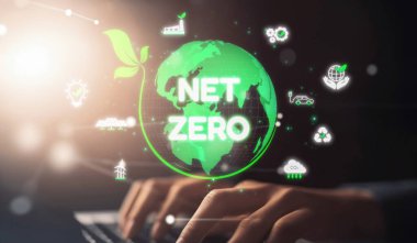 Sürdürülebilirlik simgeleriyle çevrili dijital küre, karbon emisyonlarını azaltma ve çevresel dengeyi sağlama amacını temsil etmektedir