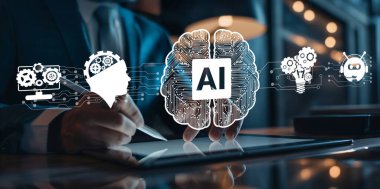 Yapay zeka mühendisliği, büyük veri ve yapay zeka makinesi kavramında yapay zeka beyin işlemcisiyle iş desteği için üretken yapay zeka kullanmayı öğrenen insan etkileşimi. EIDE