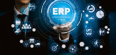 Ticari kaynaklar için Enterprise Resource Management ERP yazılım sistemi modern grafik arayüzünde sunulmuştur. Şirket kaynaklarını yönetmek için geleceğin teknolojisini göstermektedir. uds