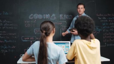 Afrikalı çocuk akıllı öğretmene kodlama programını sormak için elini kaldırdı. Akıllı öğrenci, STEM teknoloji sınıfında dizüstü bilgisayar ekranı görüntülerken soru sormak, oy vermek, gönüllü olmak için elini kaldırdı. Öğretim