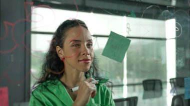 Genç İspanyol çalışanlar renkli yapışkan notlar yazıyorlar. Akıllı iş kadını pazarlama fikrini, beyin fırtınası stratejisini, iş planını paylaşıyor. Proje yöneticisi zihin haritası çiziyor. - Yakın çekim. Yönlendirici.