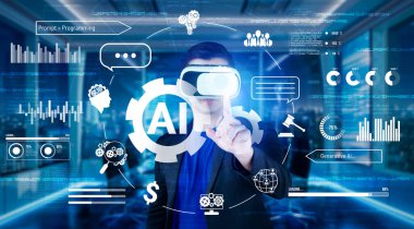 Akıllı proje yöneticisi AI sohbet hologramına işaret ediyor ve modern ofiste kulaklık takıyor. Profesyonel iş adamı bulanık geçmişi olan artırılmış gerçeklik gözlükleri üzerinde çalışıyor. Teknoloji. Yaratıcılık.