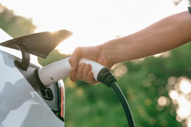 Sonbahar gezisi sırasında sonbahar ormanı arabasında elektrikli araba için şarj eden bir adam. Sonbahar tatilinde elektrikli araçla çevre dostu bir seyahat. Yükselt