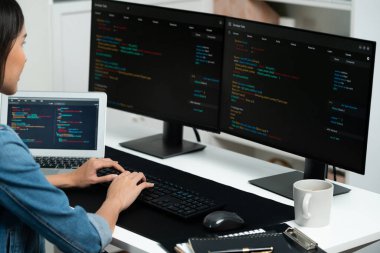 İnternet sitesi uygulamasının kodlama verileriyle birlikte online bilgi yazarak kot gömlek giyen genç Asyalı geliştirici. Güvenlik analizi ile çevrili iki ekran. Taktik.