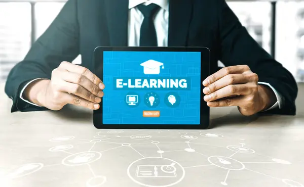 stock image E-learning and Online Education for Student and University Concept. Graphic interface showing technology of digital training course for people to do remote learning from anywhere. uds