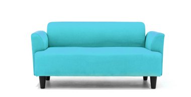 Beyaz arka planda açık mavi İskandinav tarzı çağdaş kanepe modern ve şık oturma odası için minimal mobilya tasarımı. uds